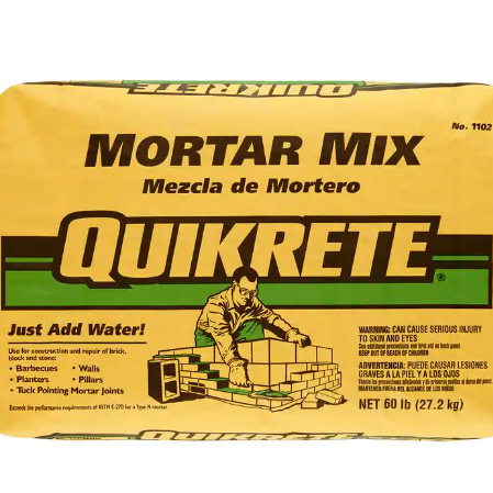 The vibrant yellow packaging of the Quikrete Mortar Mix 80# from Go Build. The Fastest Way To Build, features a graphic of a person working with bricks. Instructions say Just Add Water! Ideal for barbecues and planters, its perfect for larger tasks. Also available in 60 lb. bags.